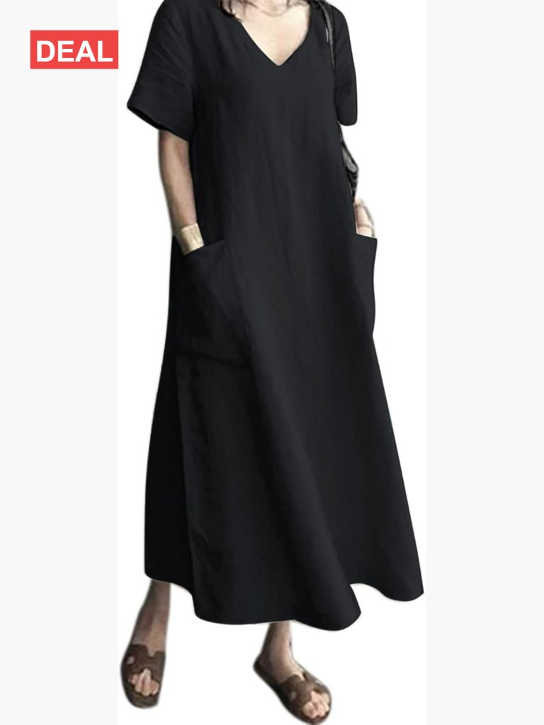 Cotton Linen Maxi Dress With Pockets V Neck Short Sleeve Beach Casual